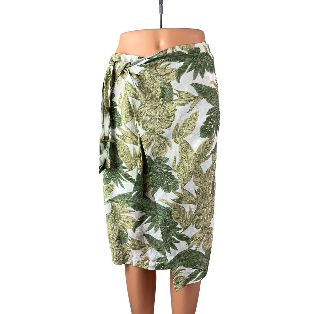 Calista Women's Green Floral High Waisted Wrap Tie Pencil Knee Length Skirt M